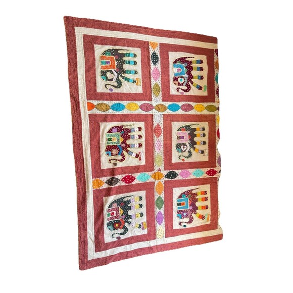 Vintage Handmade Indian Kantha quilt king size Elephant Patchwork Boho Bedspread - Picture 3 of 15